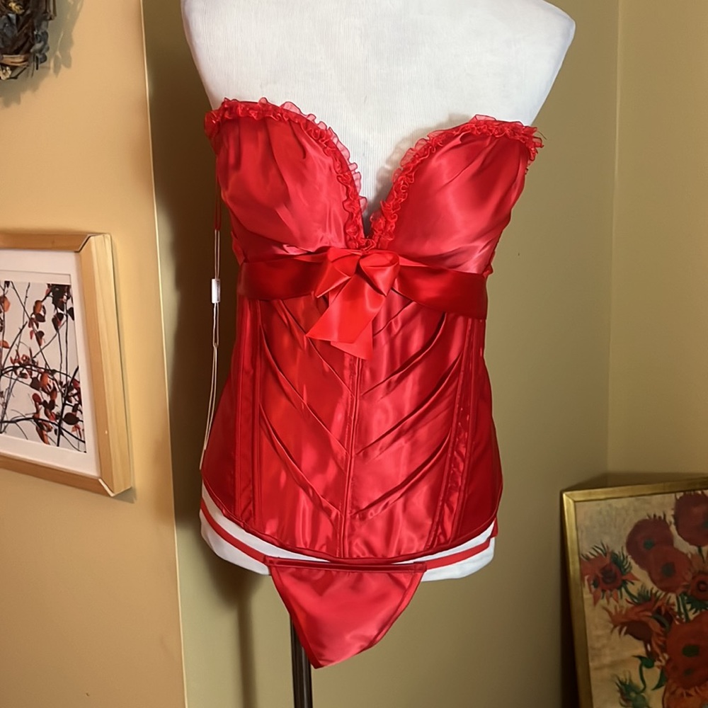 CHARMAIN Size 4XL Bright Classic Res Satin Boned Corset & Ribbon Tie +Thong NEW